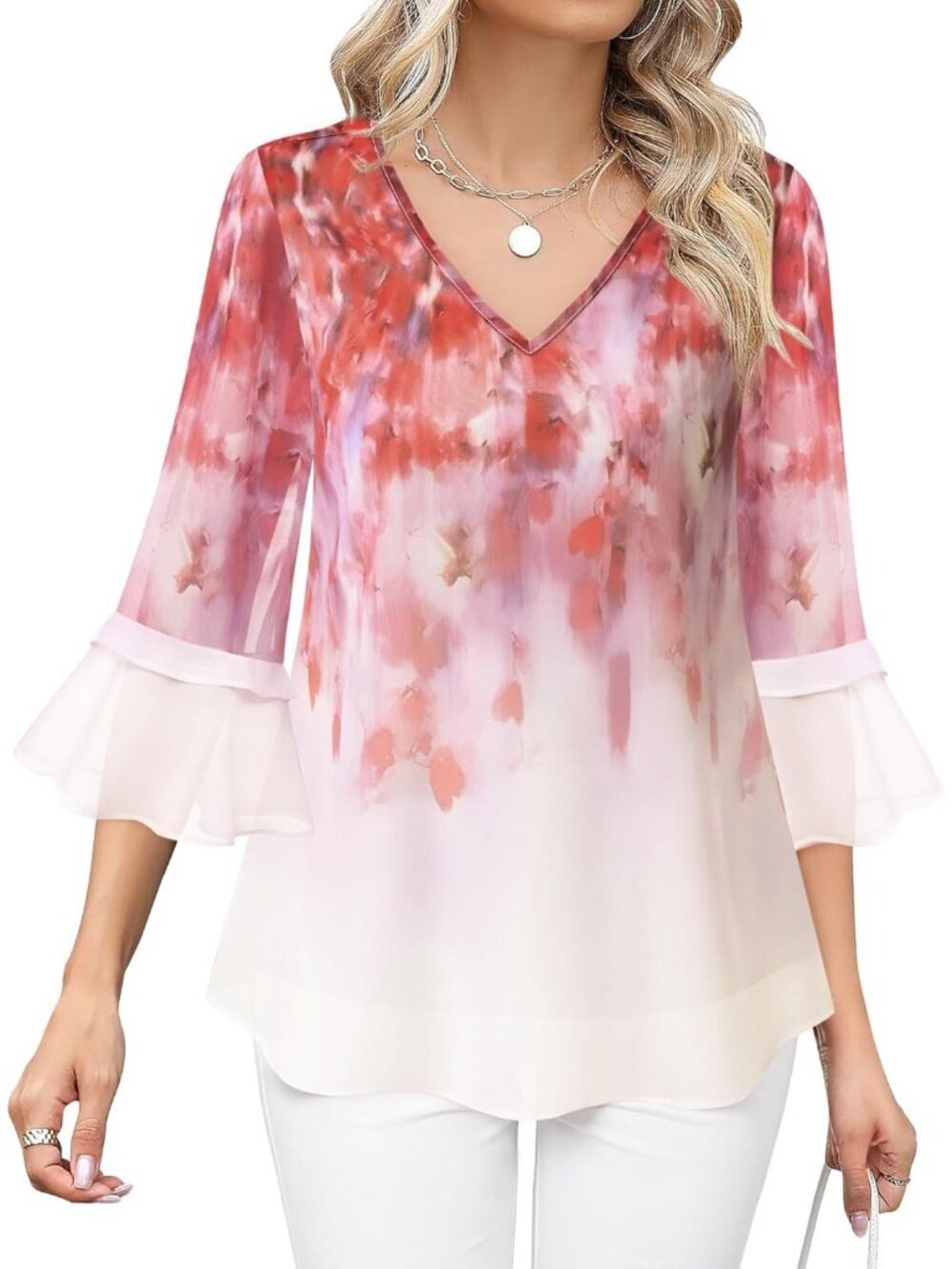 Women's Tops Secrets Casual Ruffle 3/4 Sleeves V Neck Floral Chiffon Blouses